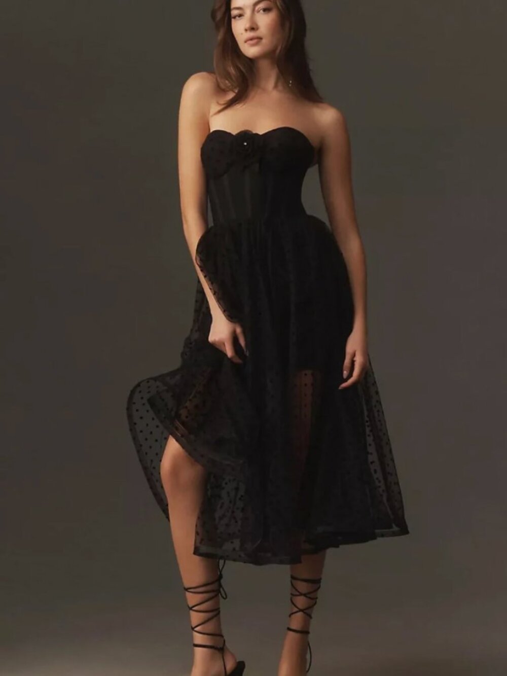 Helsi Valen Strapless Midi Dress in Black with Polka Dot Overlay